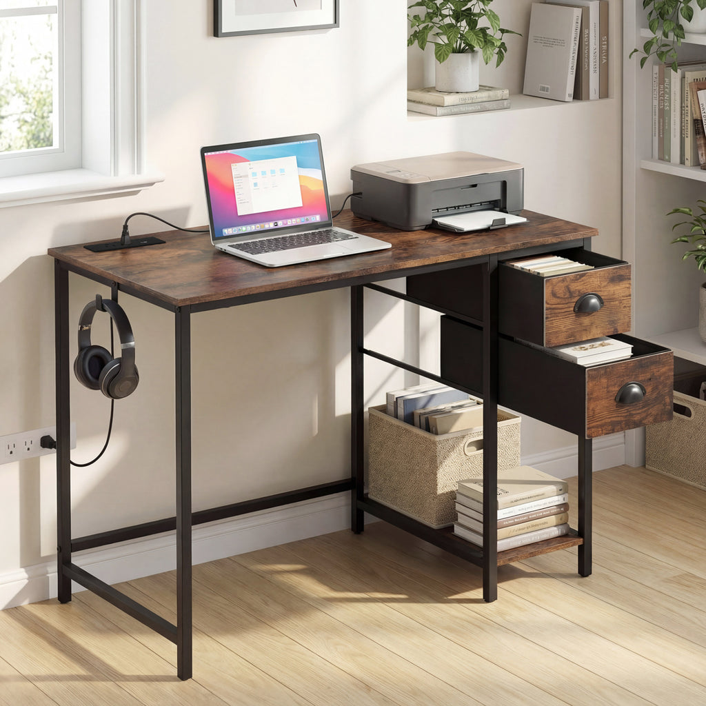 Computer Desk with Charging Station and 2 Fabric Drawers for Small Spaces-Rustic Brown