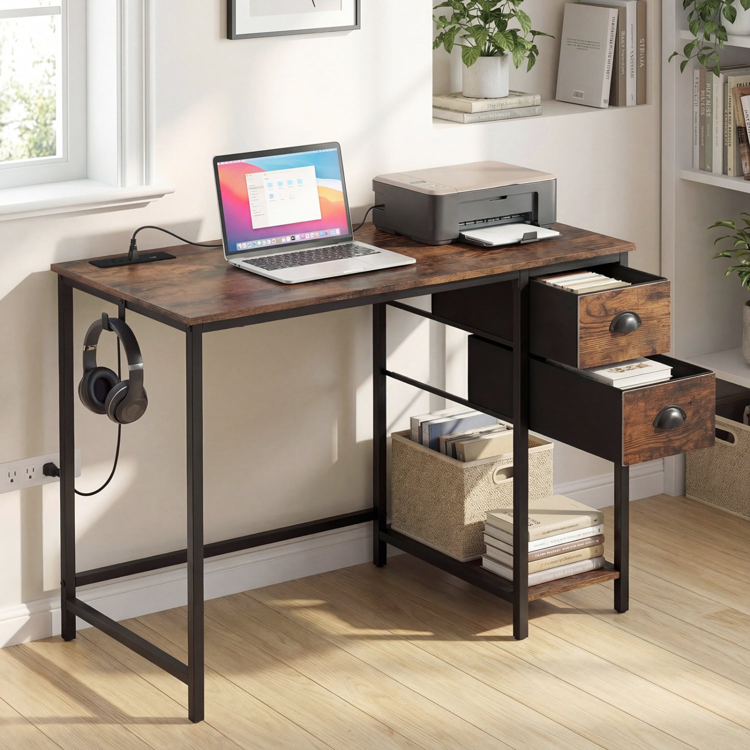 Computer Desk with Charging Station and 2 Fabric Drawers for Small Spaces-Rustic Brown