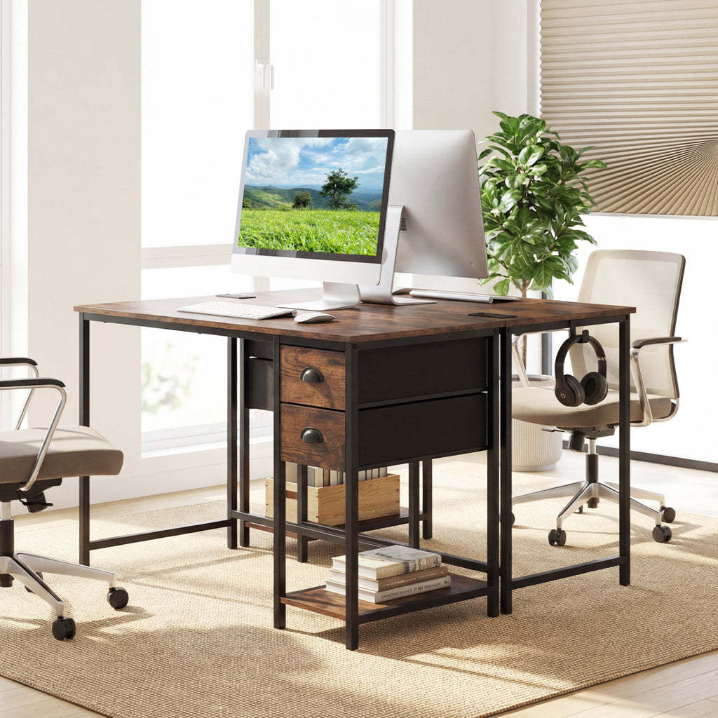 Computer Desk with Charging Station and 2 Fabric Drawers for Small Spaces-Rustic Brown