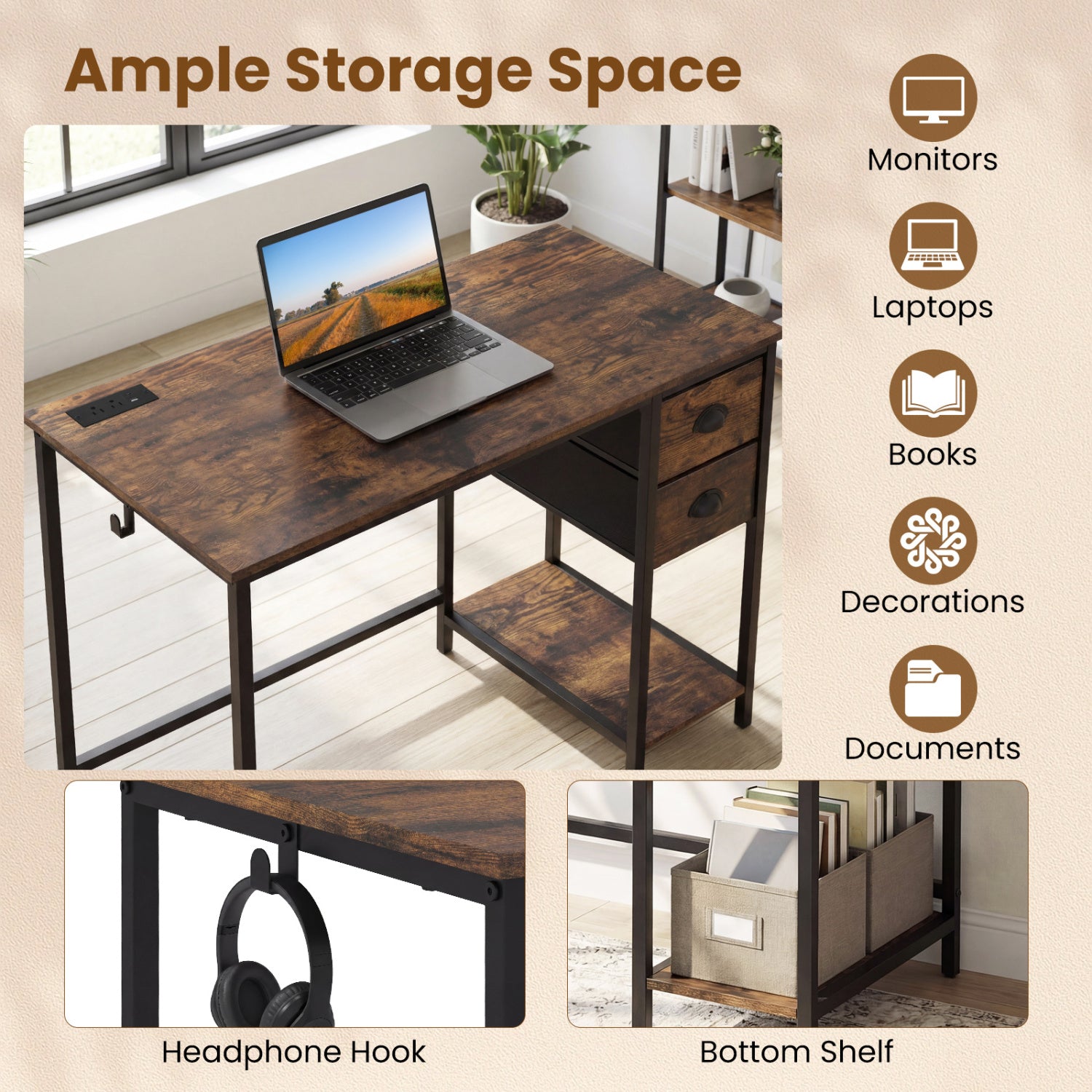 Computer Desk with Charging Station and 2 Fabric Drawers for Small Spaces-Rustic Brown