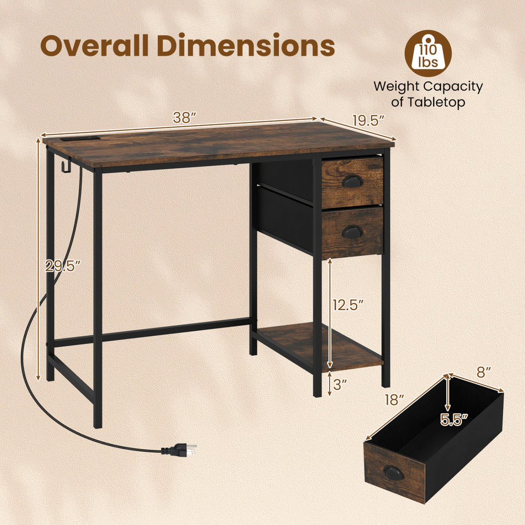 Computer Desk with Charging Station and 2 Fabric Drawers for Small Spaces-Rustic Brown