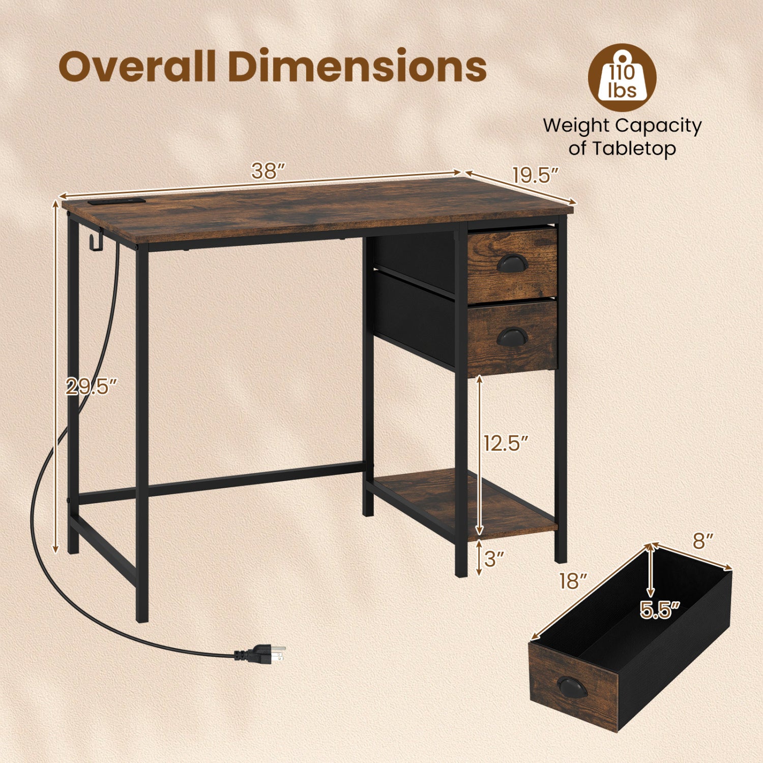 Computer Desk with Charging Station and 2 Fabric Drawers for Small Spaces-Rustic Brown