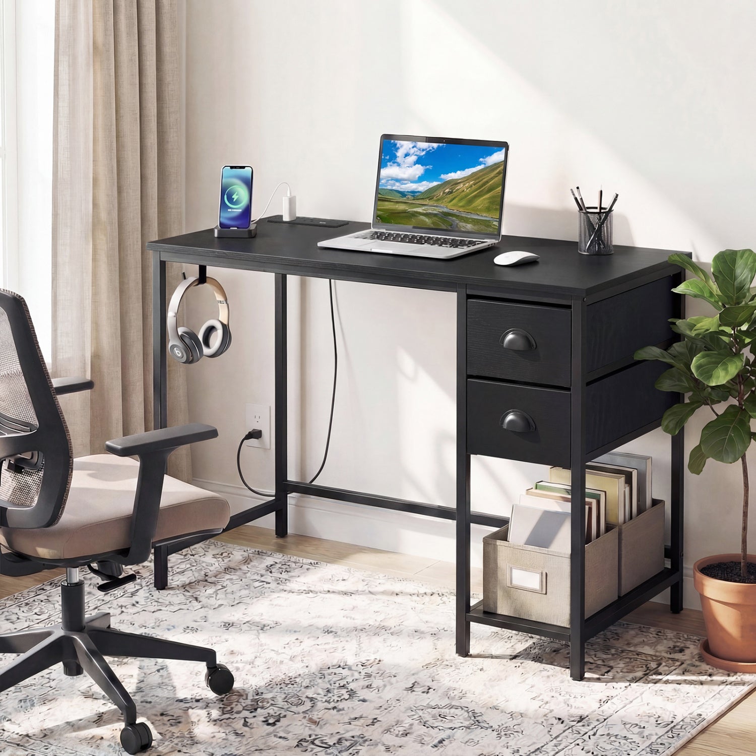 Computer Desk with Charging Station and 2 Fabric Drawers for Small Spaces-Black