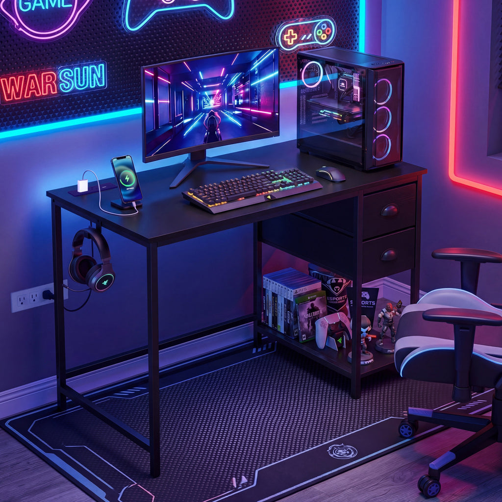 Computer Desk with Charging Station and 2 Fabric Drawers for Small Spaces-Black