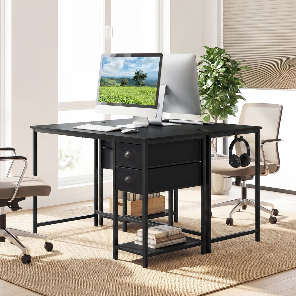 Computer Desk with Charging Station and 2 Fabric Drawers for Small Spaces-Black