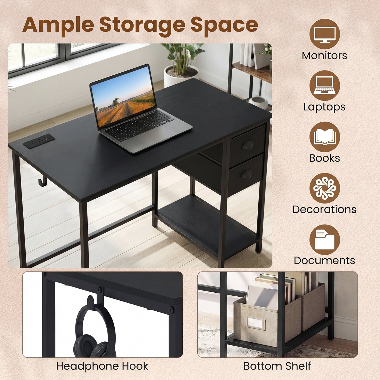 Computer Desk with Charging Station and 2 Fabric Drawers for Small Spaces-Black
