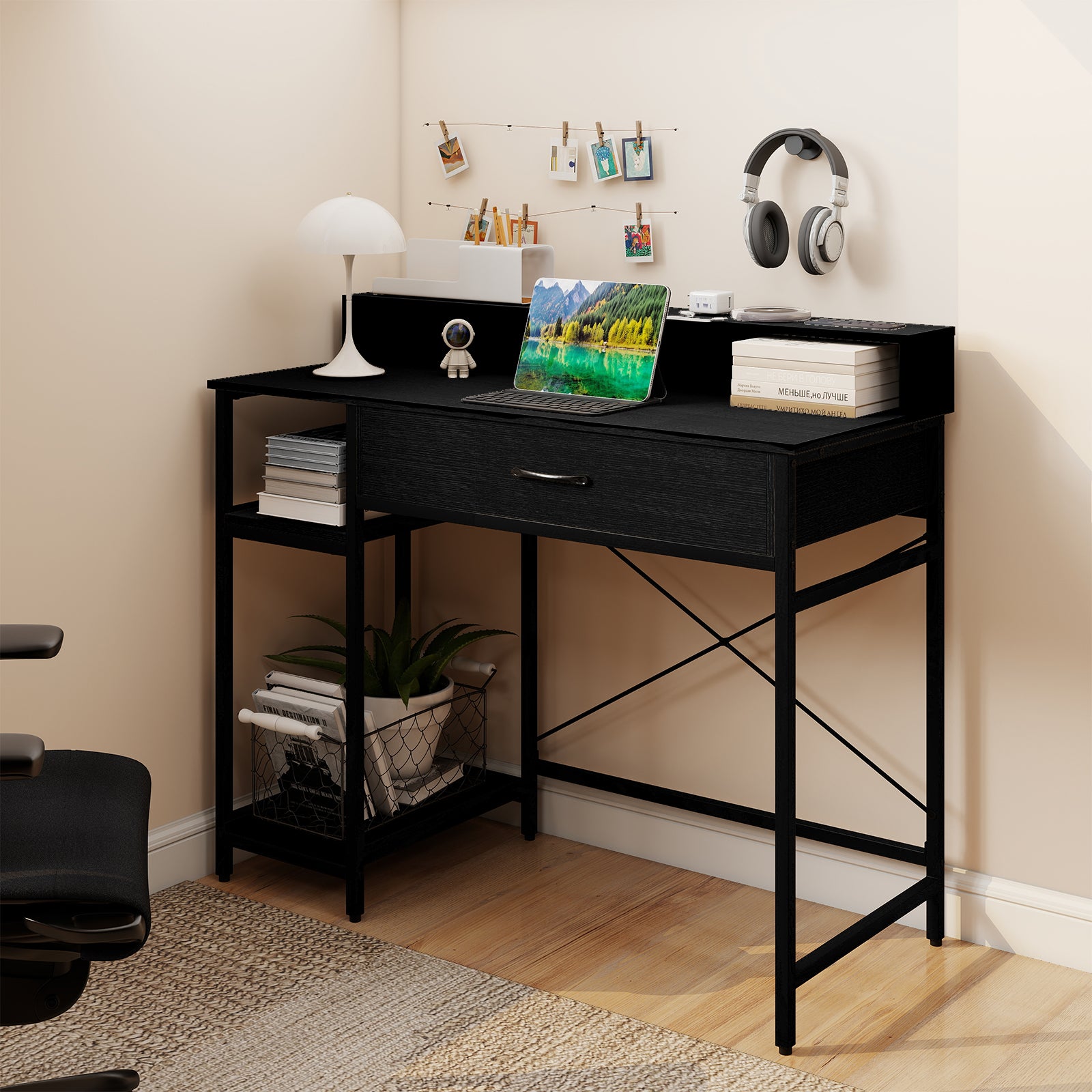 Computer Desk with Power Outlets 42inch Writing Desk with Hutch Drawer and 2 Open Shelves-Black