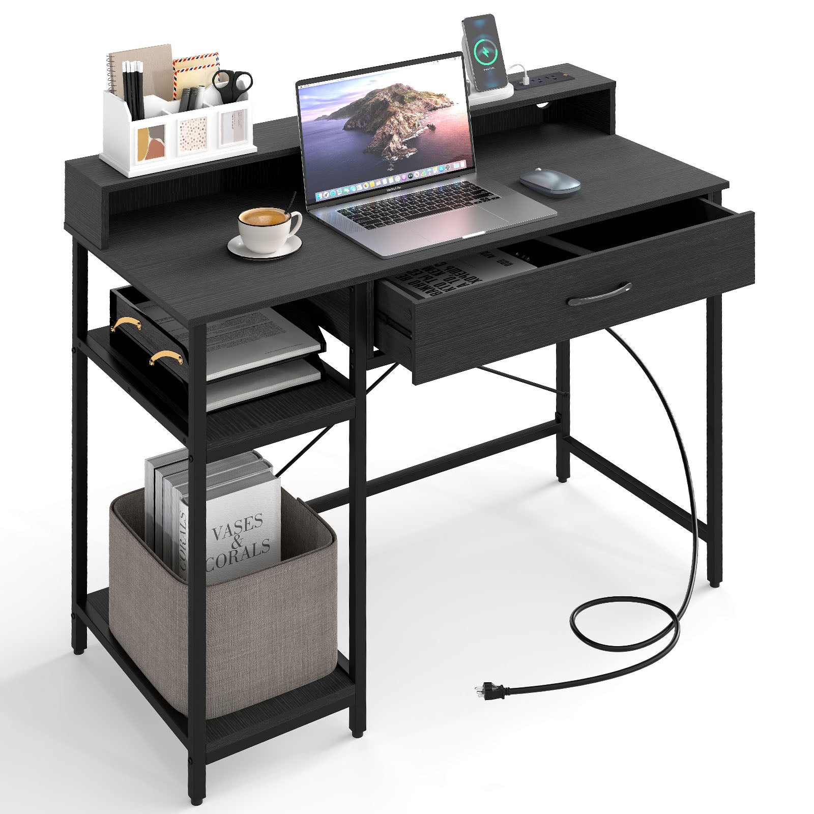 Computer Desk with Power Outlets 42inch Writing Desk with Hutch Drawer and 2 Open Shelves-Black