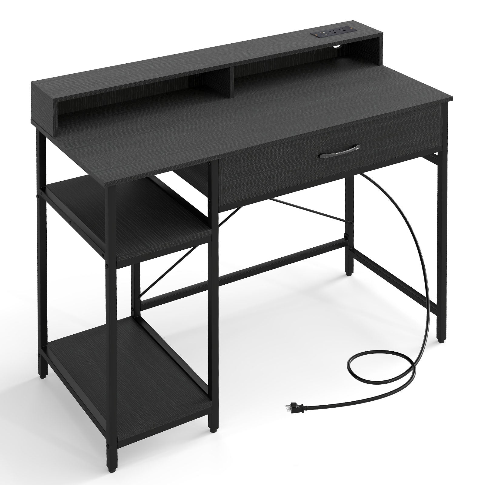 Computer Desk with Power Outlets 42inch Writing Desk with Hutch Drawer and 2 Open Shelves-Black