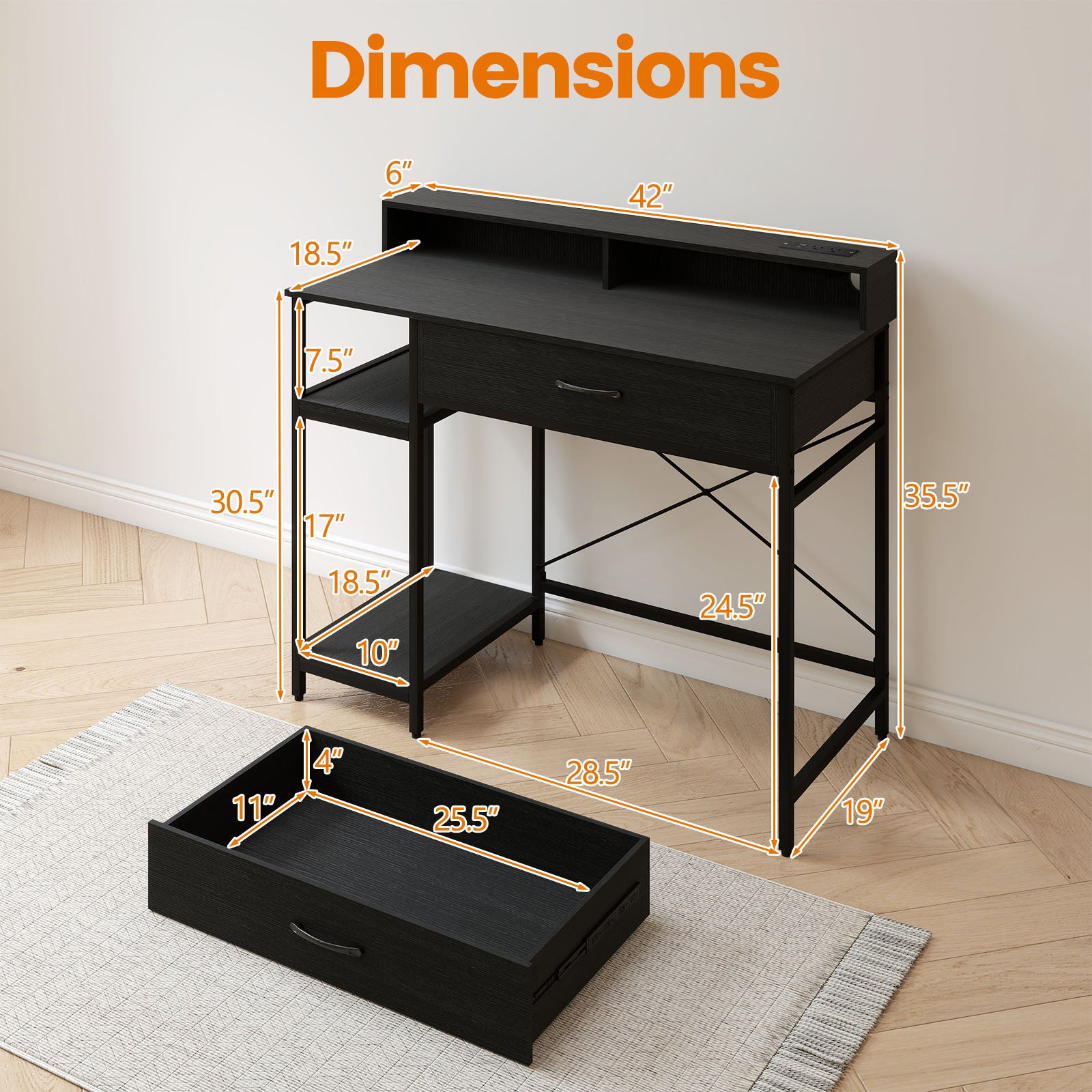 Computer Desk with Power Outlets 42inch Writing Desk with Hutch Drawer and 2 Open Shelves-Black