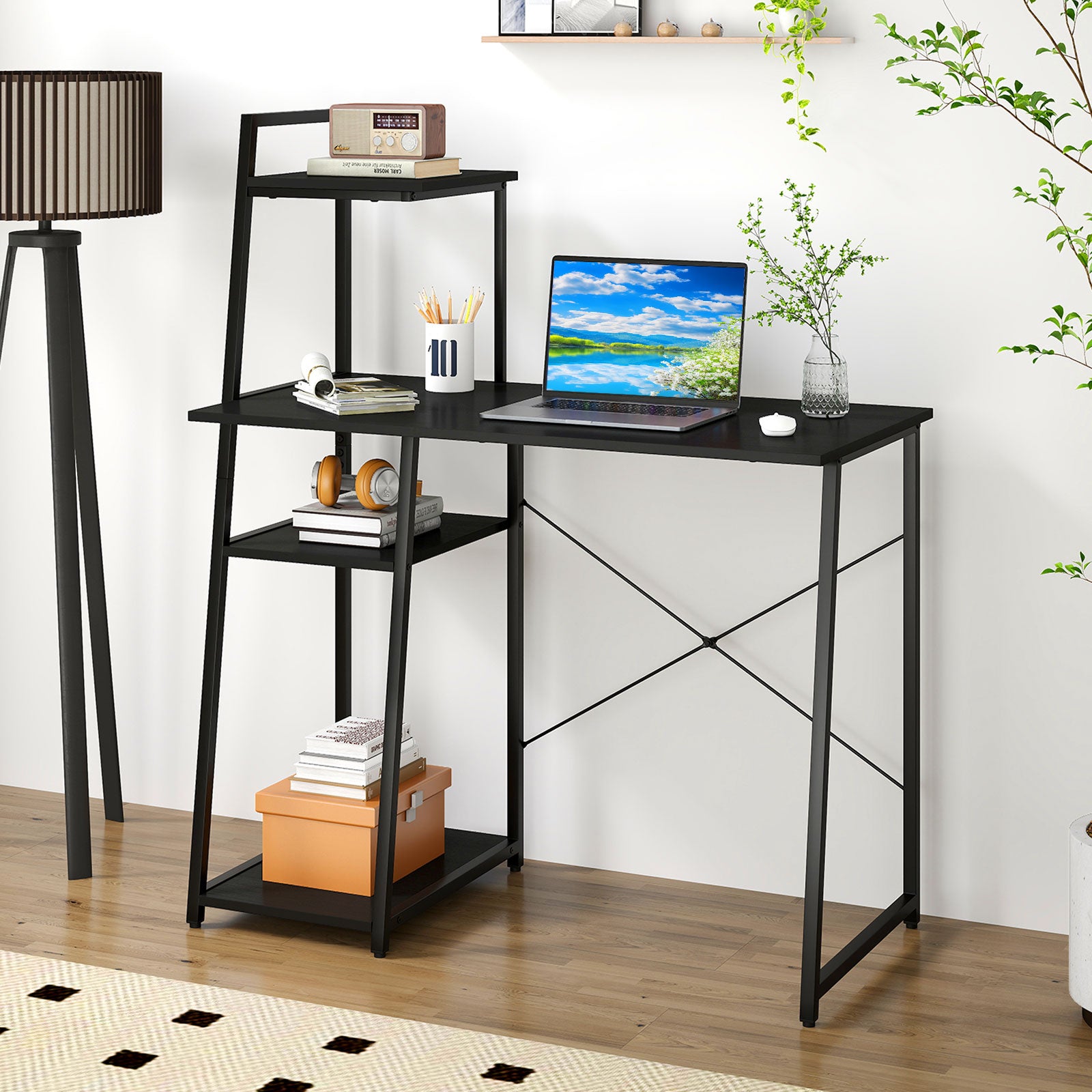 Computer Desk with Shelves and 3-Tier Storage Bookshelf-Black