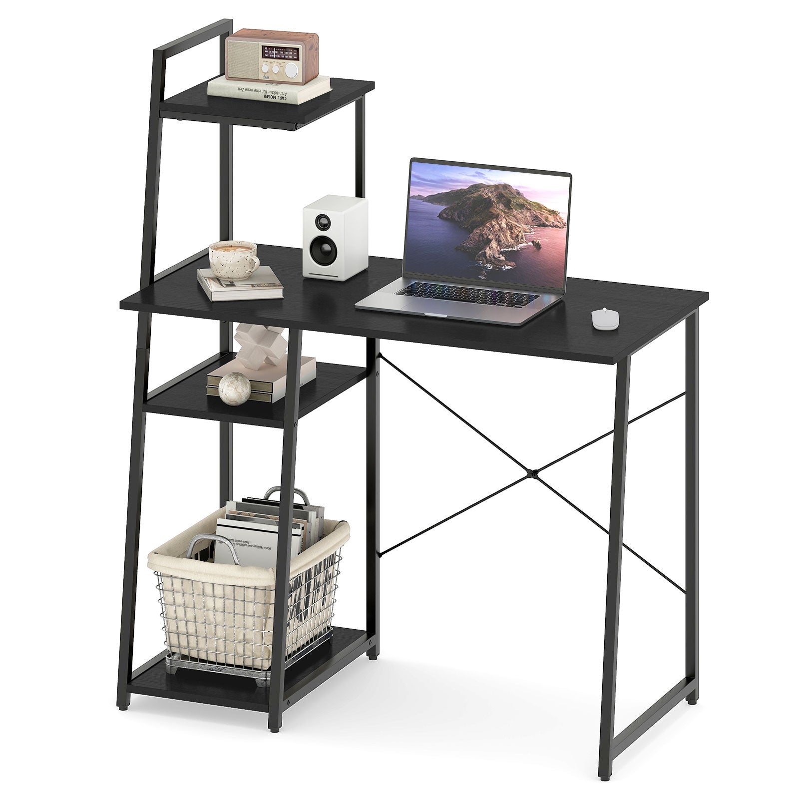Computer Desk with Shelves and 3-Tier Storage Bookshelf-Black