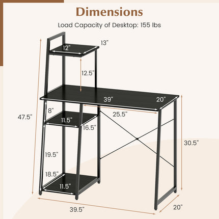 Computer Desk with Shelves and 3-Tier Storage Bookshelf-Black
