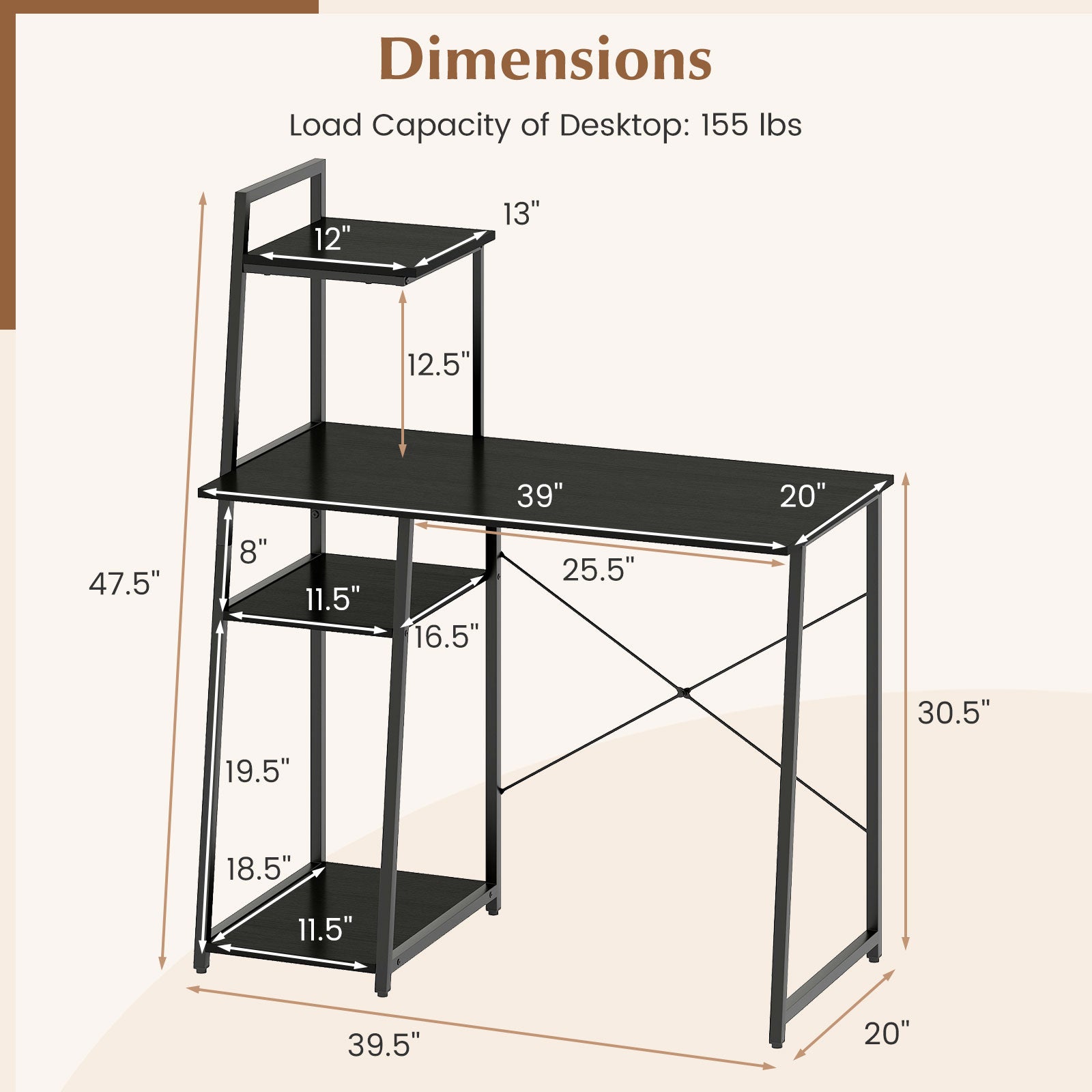 Computer Desk with Shelves and 3-Tier Storage Bookshelf-Black