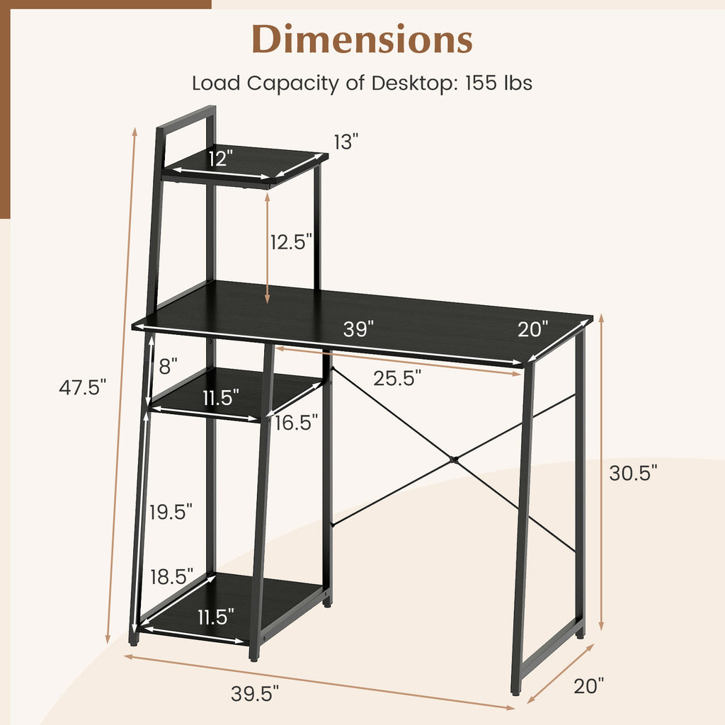 Computer Desk with Shelves and 3-Tier Storage Bookshelf-Black