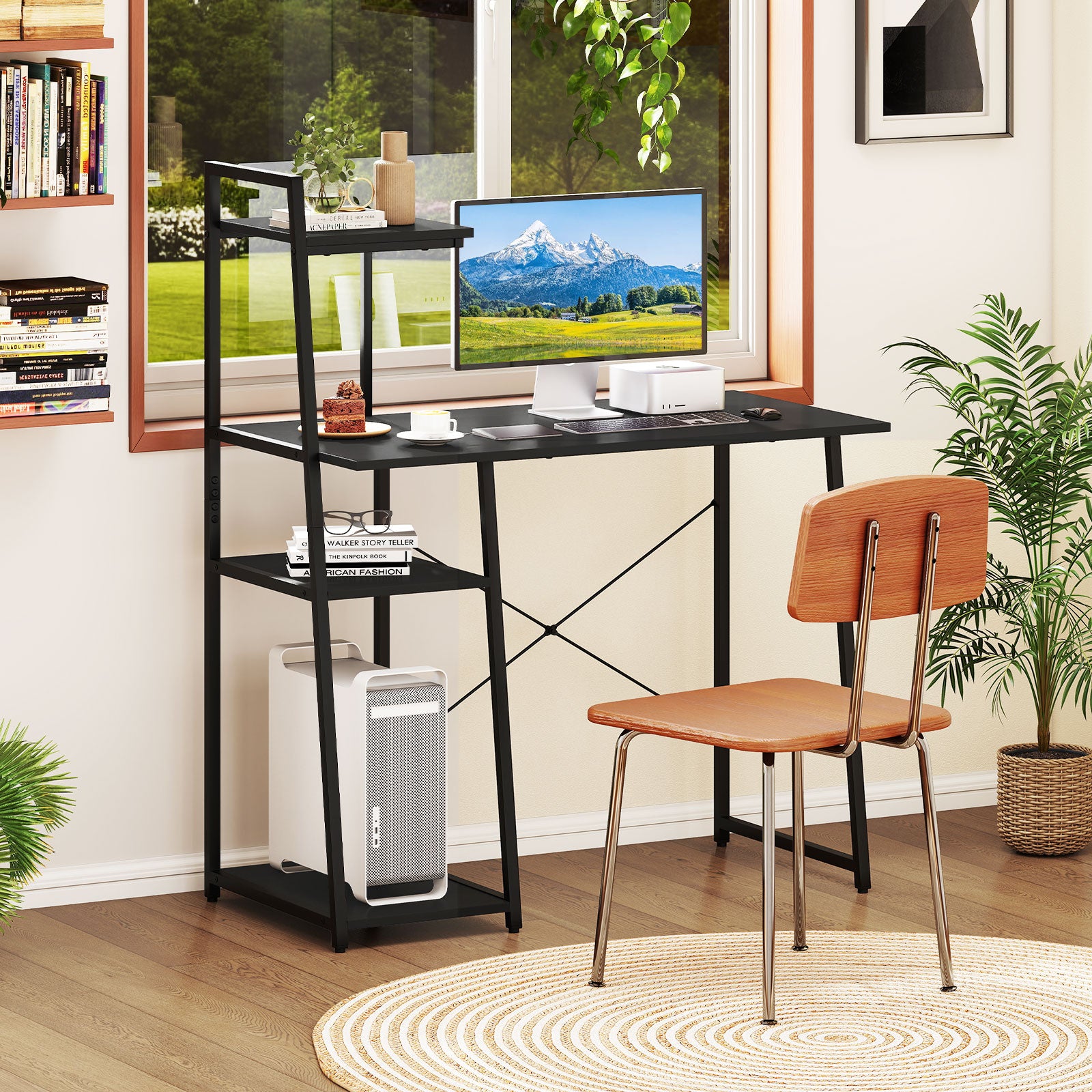 Computer Desk with Shelves and 3-Tier Storage Bookshelf-Black