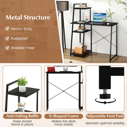 Computer Desk with Shelves and 3-Tier Storage Bookshelf-Black