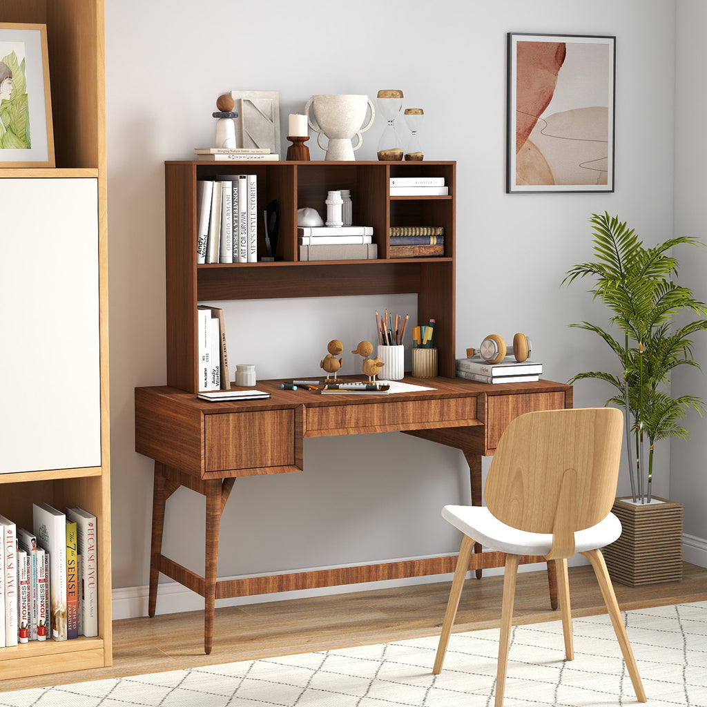 Computer Desktop Bookcase with 4 Cubbies and Open Back Compartment-Walnut
