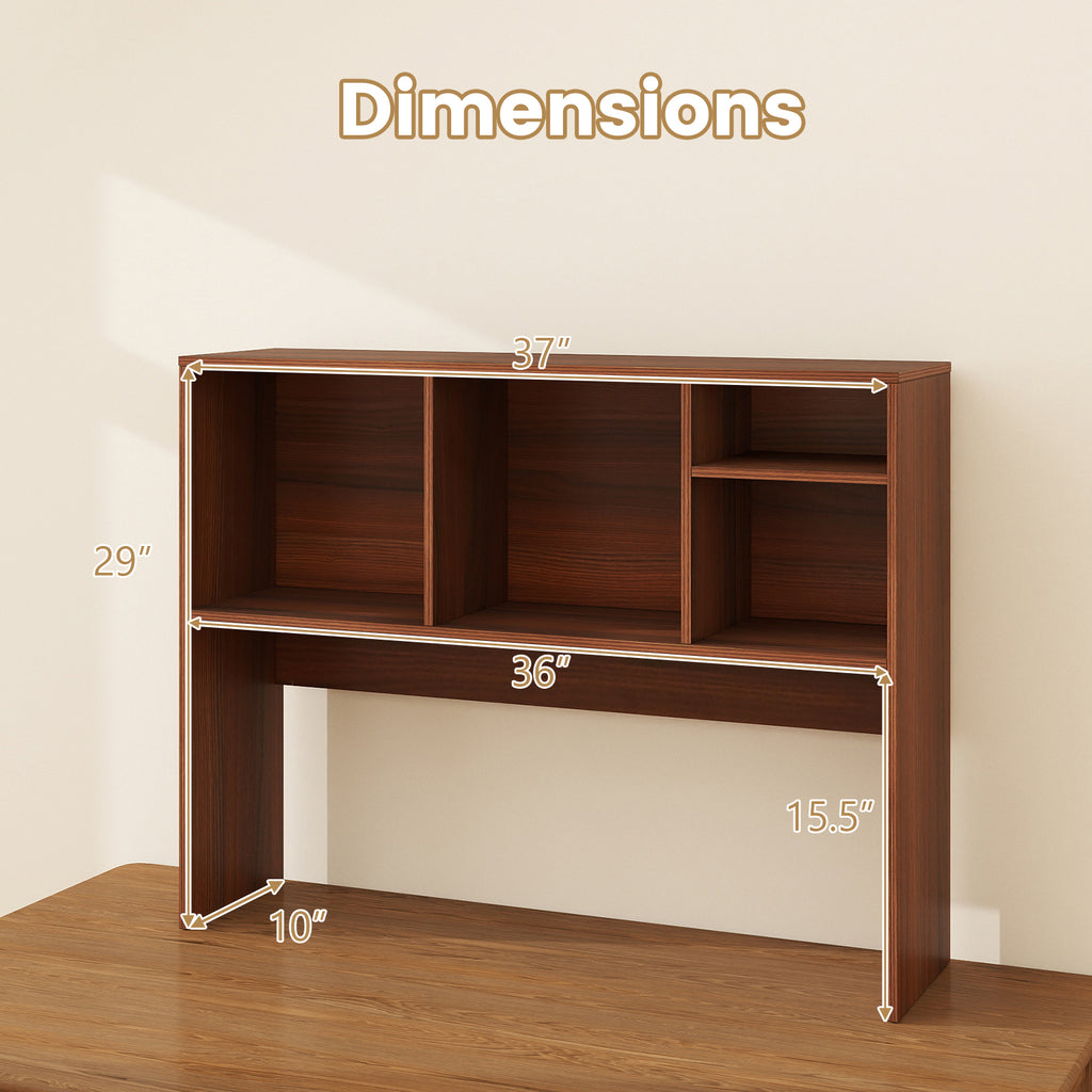 Computer Desktop Bookcase with 4 Cubbies and Open Back Compartment-Walnut