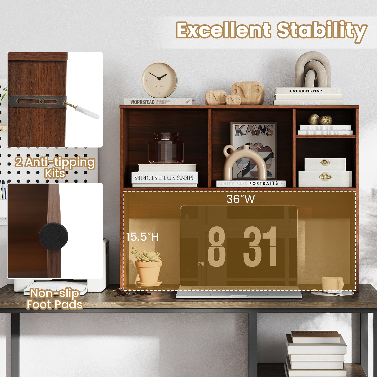 Computer Desktop Bookcase with 4 Cubbies and Open Back Compartment-Walnut