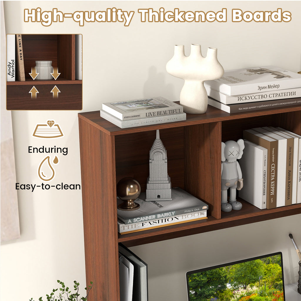 Computer Desktop Bookcase with 4 Cubbies and Open Back Compartment-Walnut