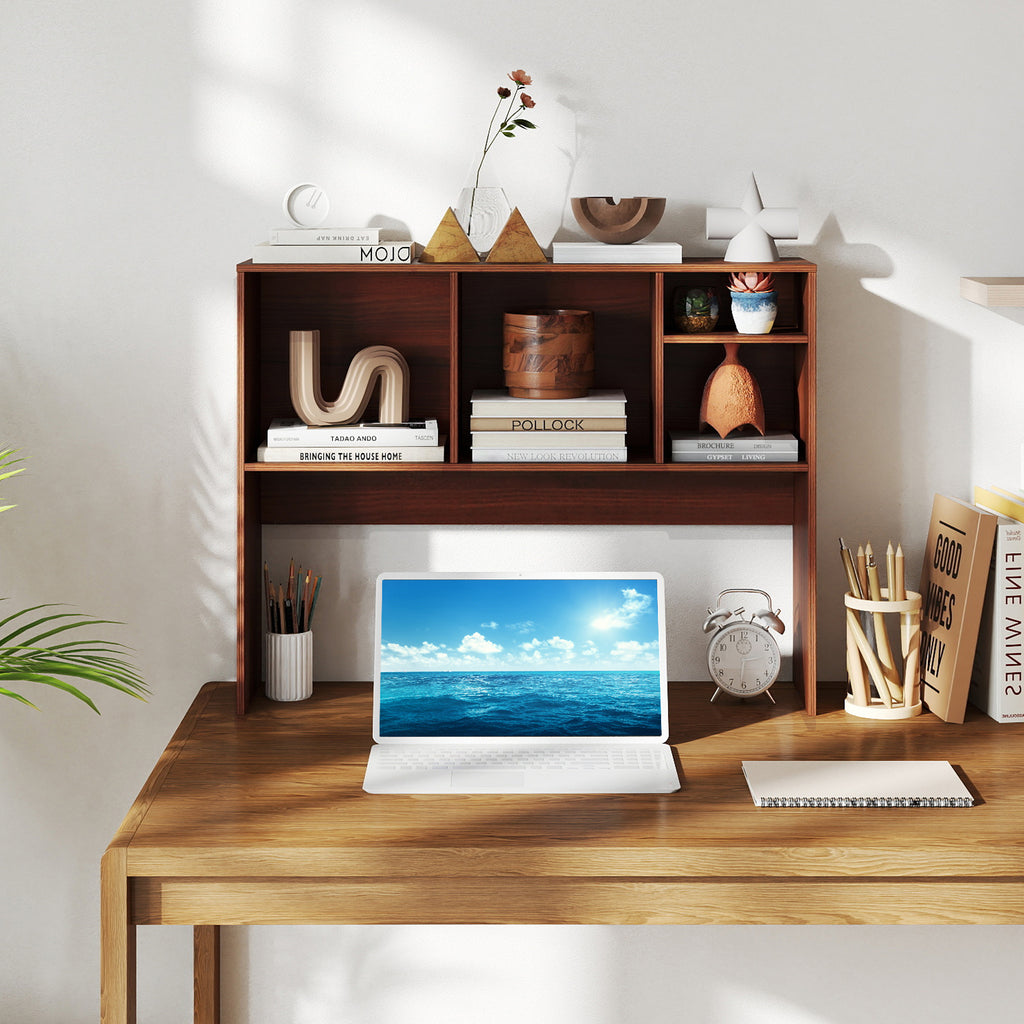Computer Desktop Bookcase with 4 Cubbies and Open Back Compartment-Walnut