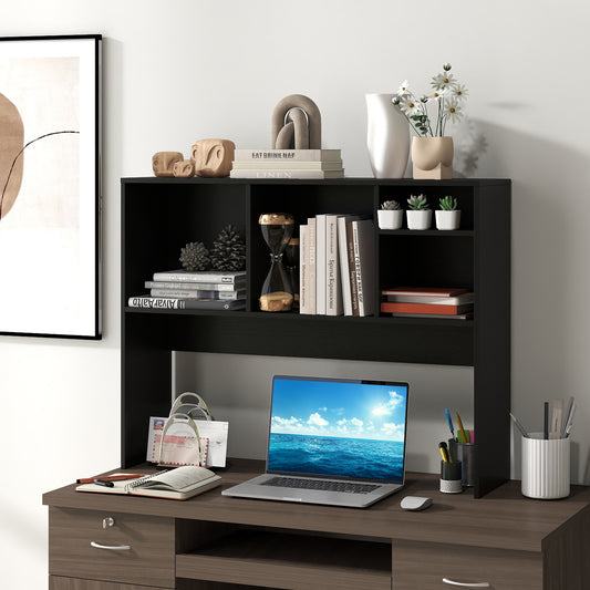 Computer Desktop Bookcase with 4 Cubbies and Open Back Compartment-Black