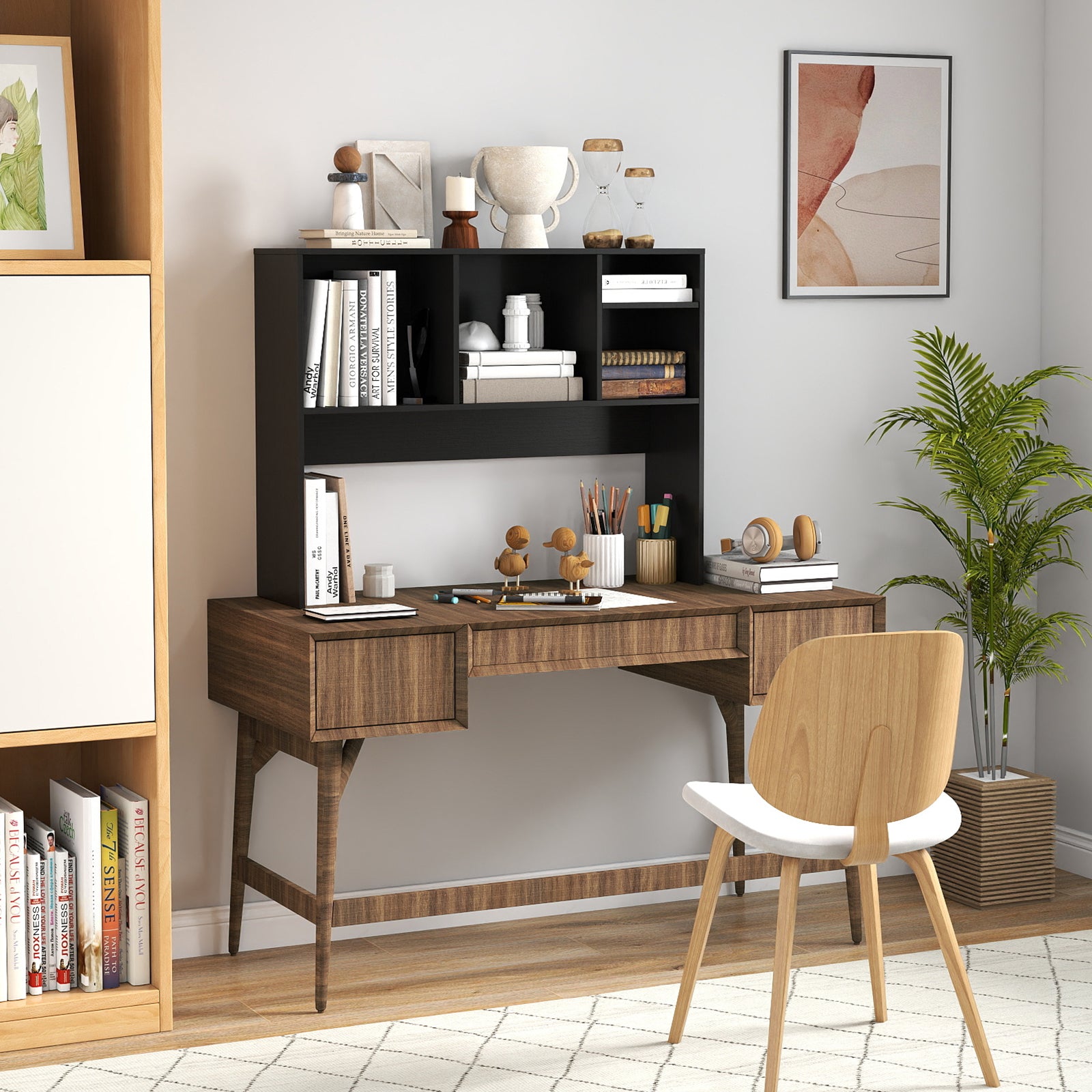 Computer Desktop Bookcase with 4 Cubbies and Open Back Compartment-Black