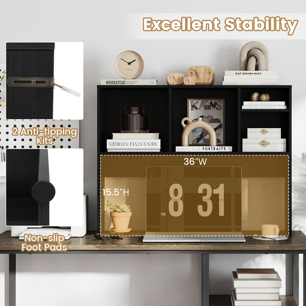 Computer Desktop Bookcase with 4 Cubbies and Open Back Compartment-Black