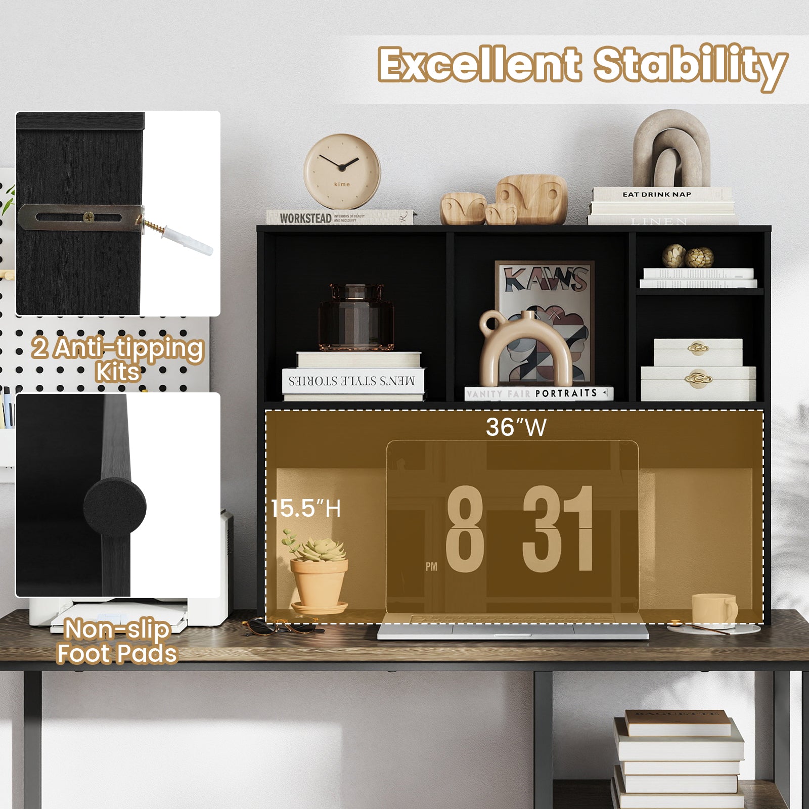 Computer Desktop Bookcase with 4 Cubbies and Open Back Compartment-Black