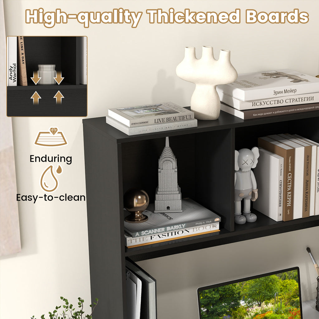 Computer Desktop Bookcase with 4 Cubbies and Open Back Compartment-Black