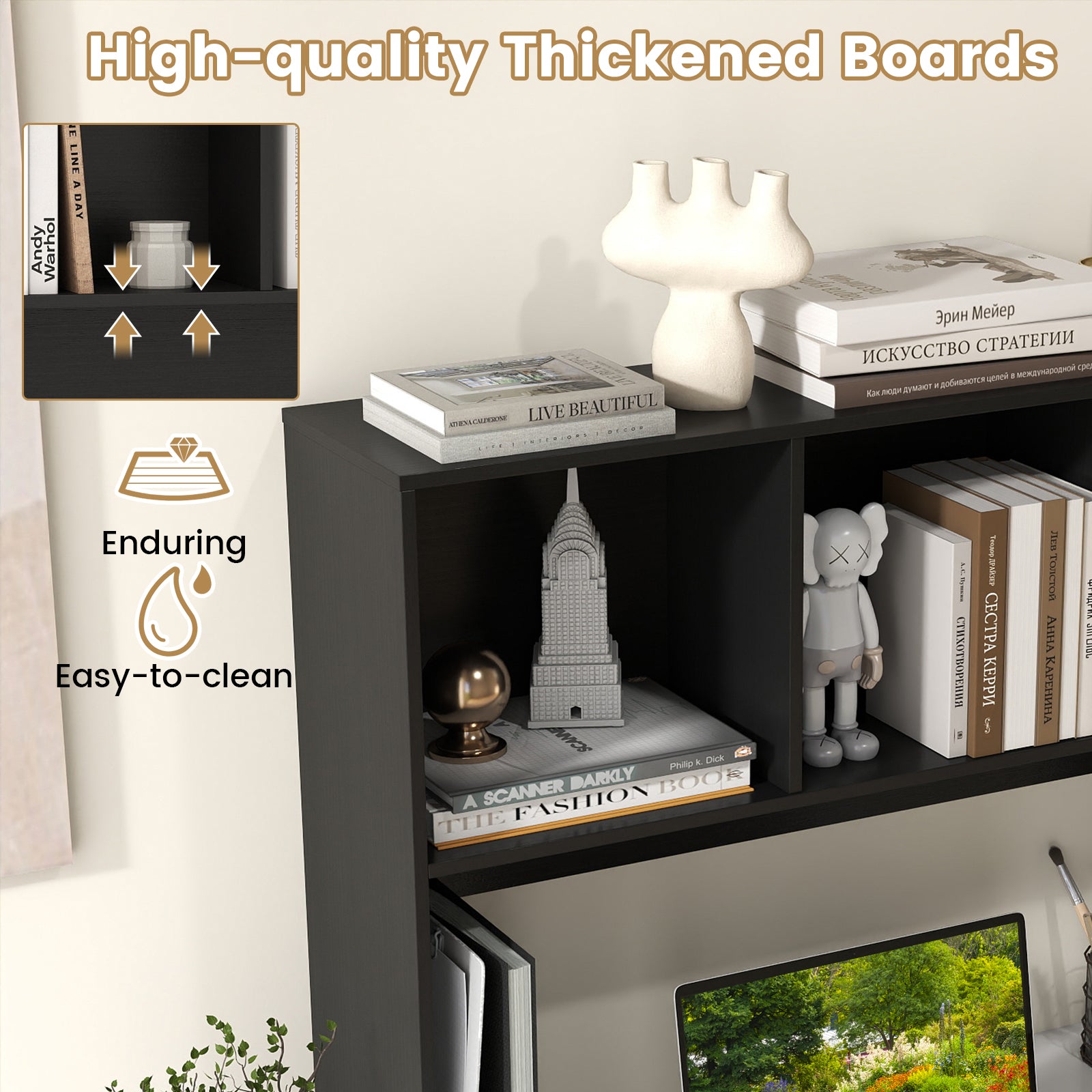 Computer Desktop Bookcase with 4 Cubbies and Open Back Compartment-Black