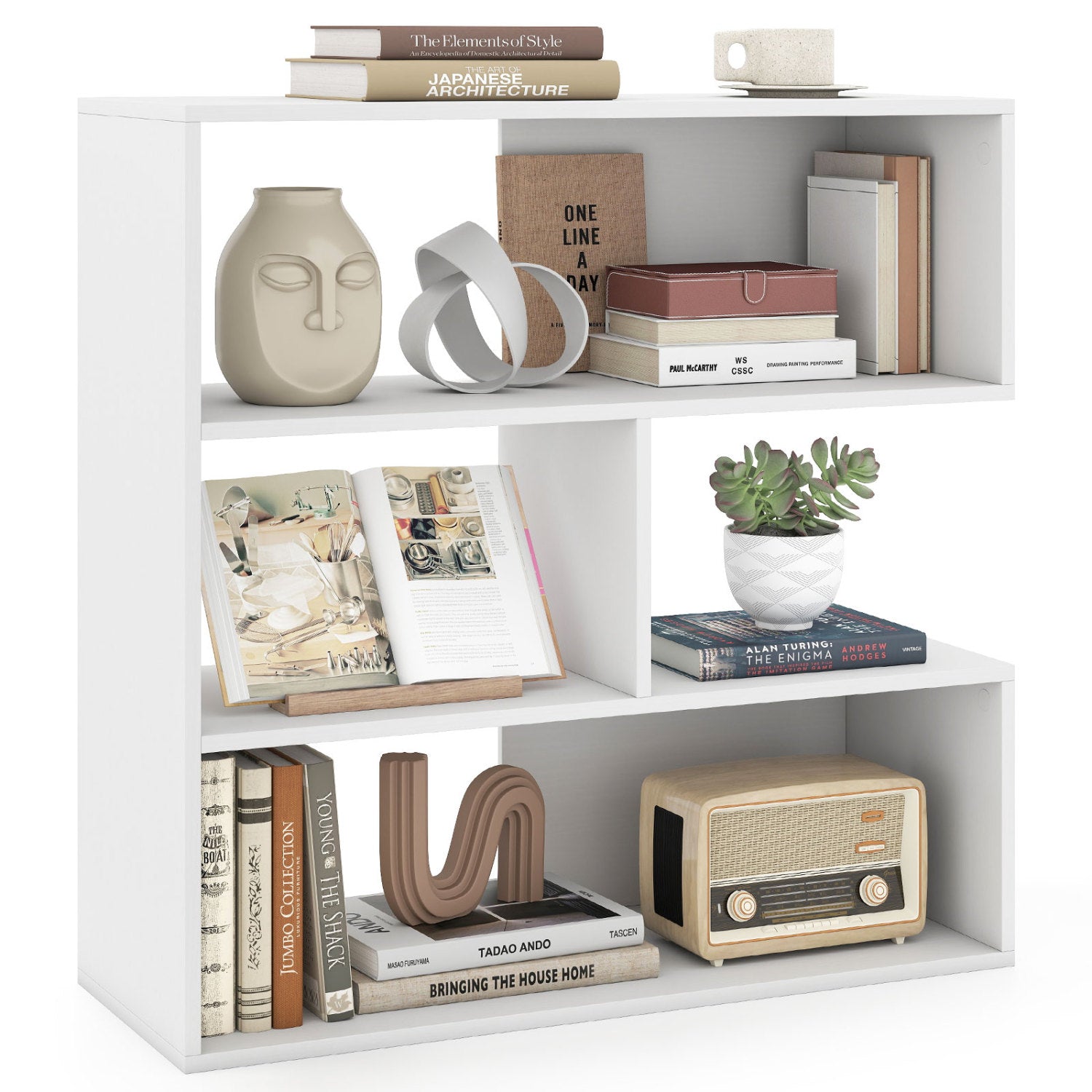 Concave Bookshelf with 3 Open Shelves & Anti-Toppling Device for Living Room-White