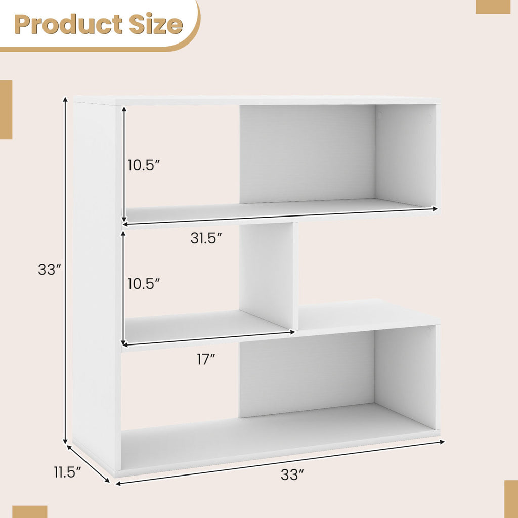 Concave Bookshelf with 3 Open Shelves & Anti-Toppling Device for Living Room-White
