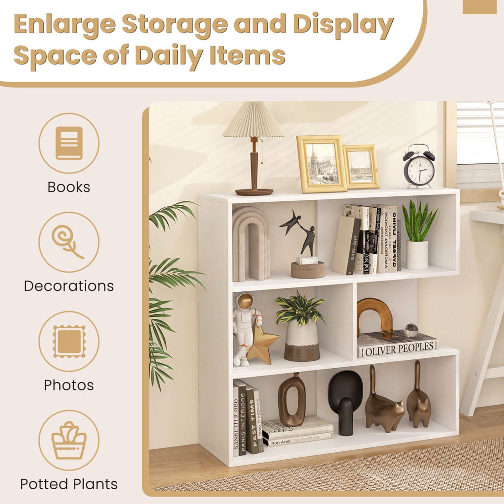 Concave Bookshelf with 3 Open Shelves & Anti-Toppling Device for Living Room-White