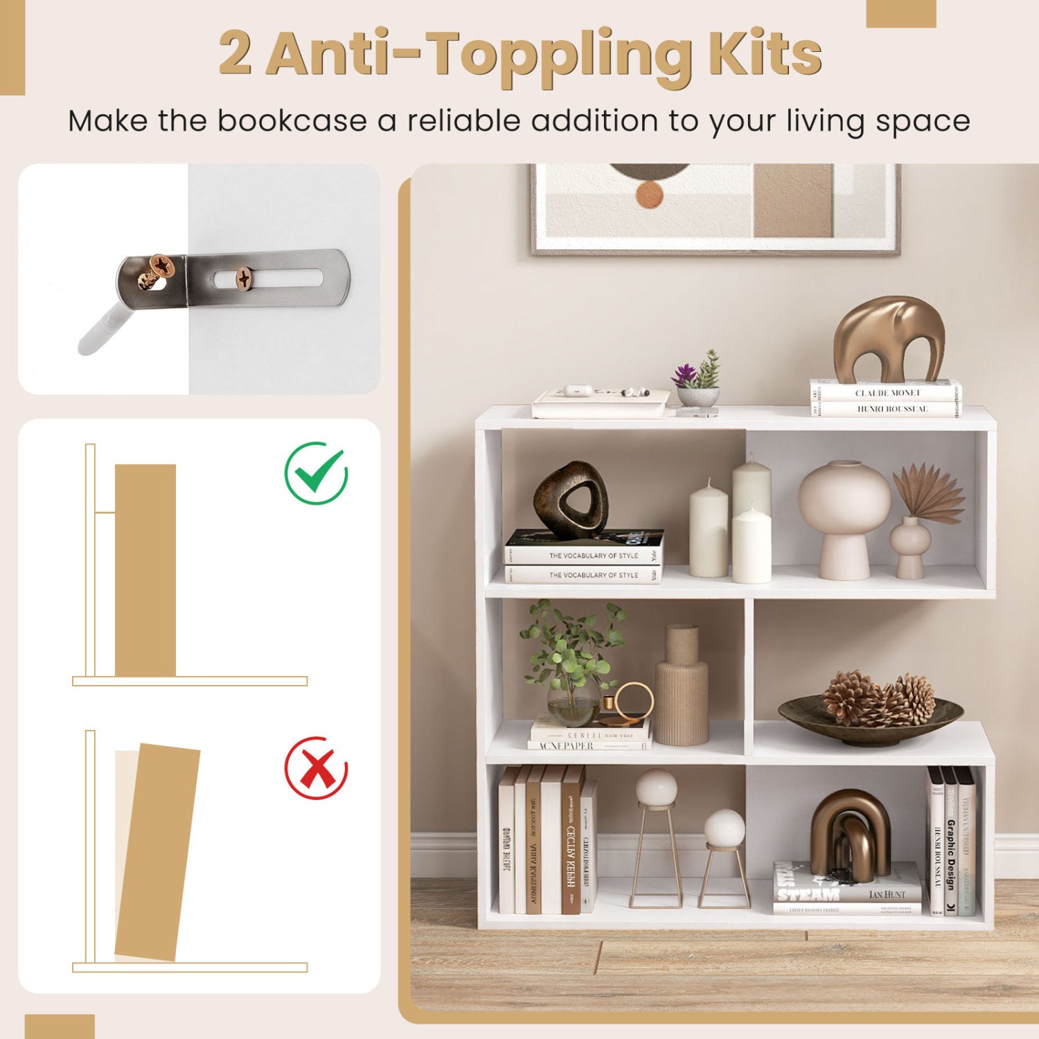 Concave Bookshelf with 3 Open Shelves & Anti-Toppling Device for Living Room-White