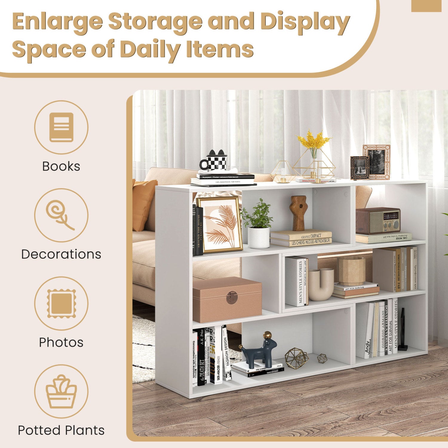 Concave & Convex Bookshelf Set with 3 Open Shelves & Anti-Toppling Device for Living Room-White