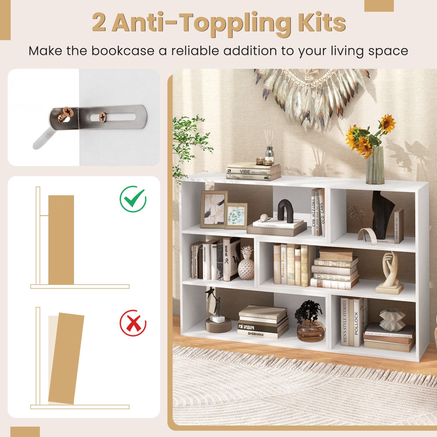 Concave & Convex Bookshelf Set with 3 Open Shelves & Anti-Toppling Device for Living Room-White