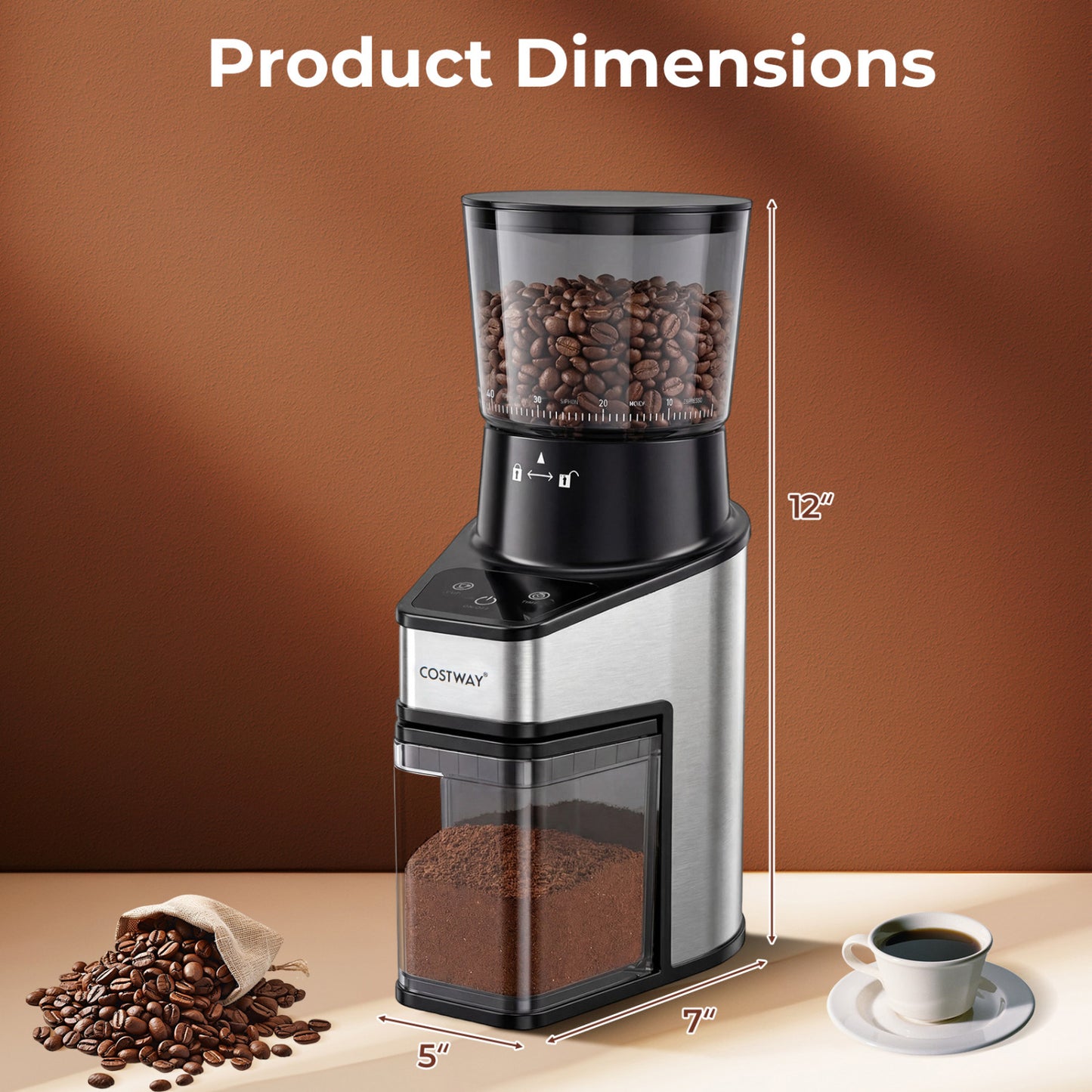 Conical Burr Coffee Grinder with 60 Precise Grinding Settings and Digital Display-Silver