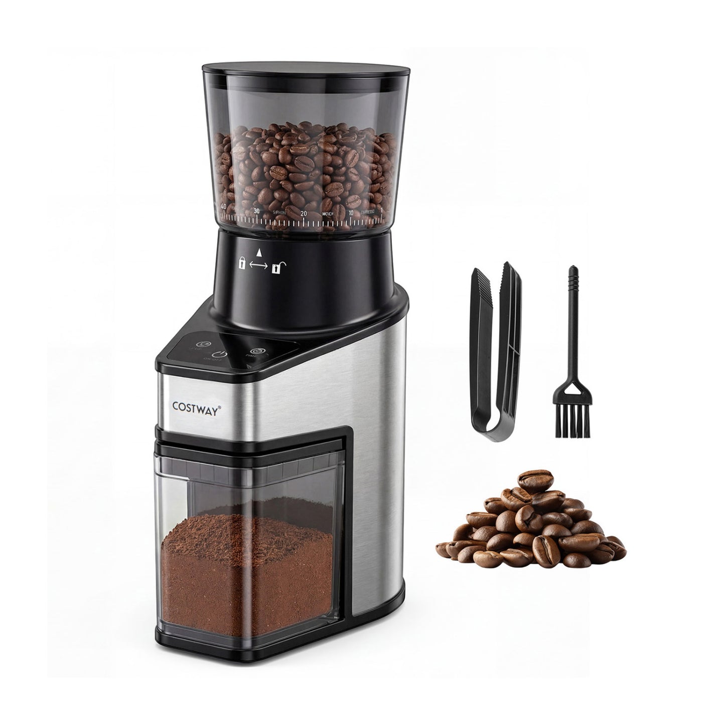 Conical Burr Coffee Grinder with 60 Precise Grinding Settings and Digital Display-Silver