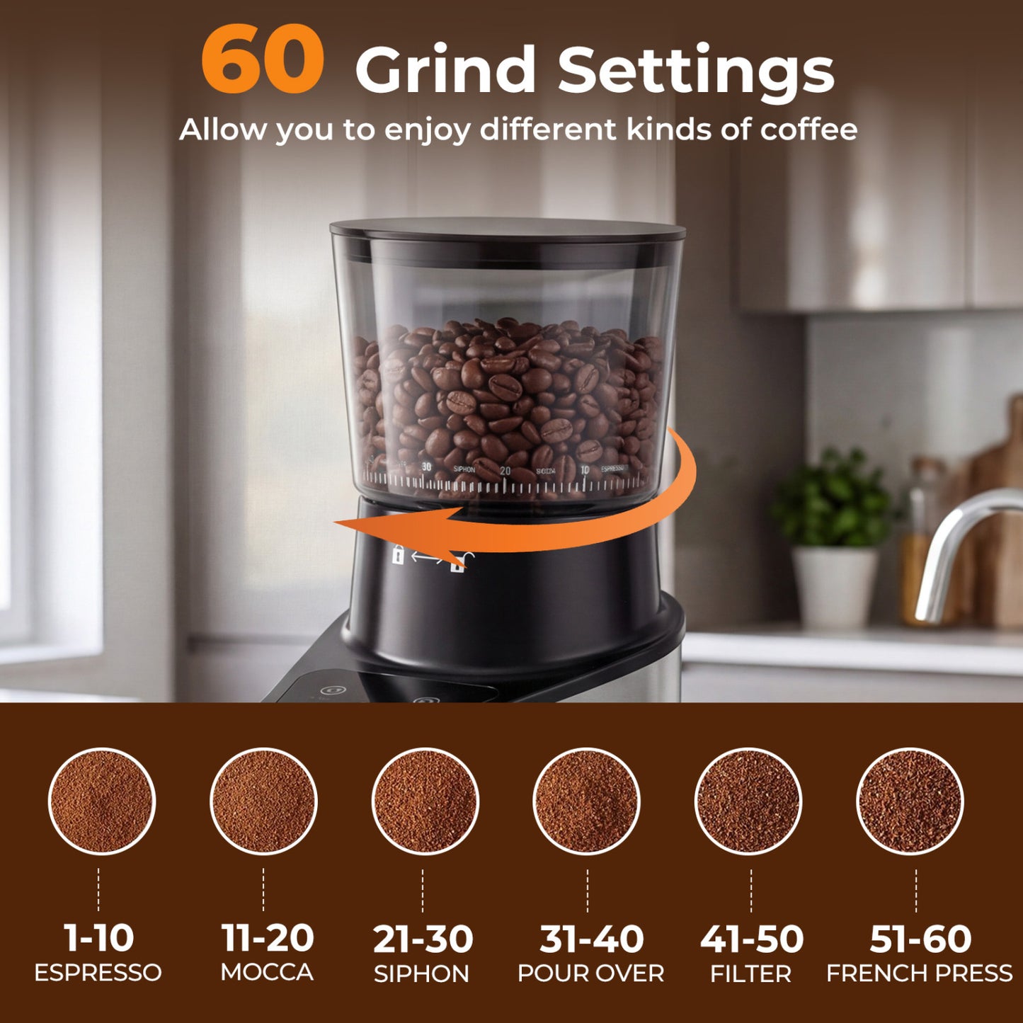 Conical Burr Coffee Grinder with 60 Precise Grinding Settings and Digital Display-Silver