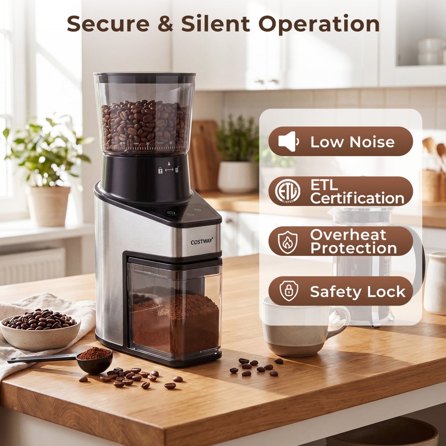 Conical Burr Coffee Grinder with 60 Precise Grinding Settings and Digital Display-Silver