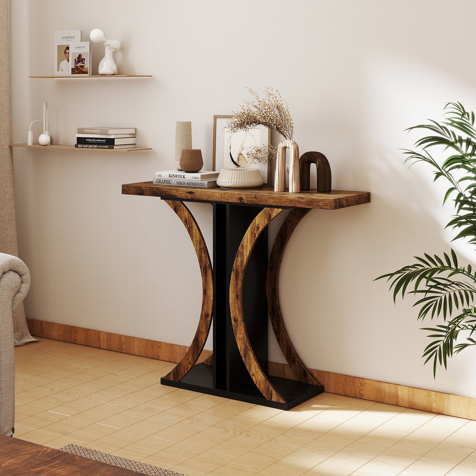 Console Table 39.5 Inch Rectangular Entryway Table with Geometric Frame-Rustic Brown