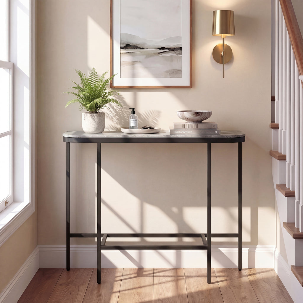 Console Table 44-Inch Entryway Table with Faux Marble Tabletop and Heavy-Duty Metal Frame-Gray
