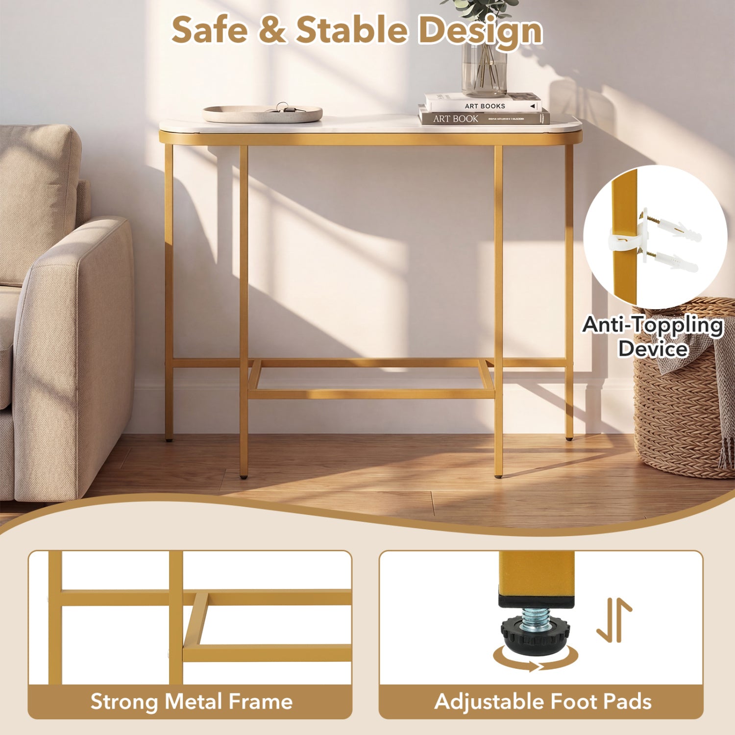 Console Table 44-Inch Entryway Table with Faux Marble Tabletop and Heavy-Duty Metal Frame-White