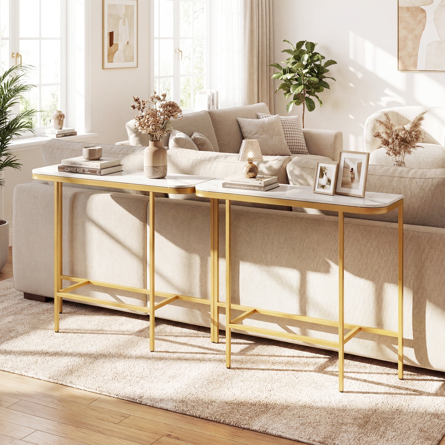 Console Table 44-Inch Entryway Table with Faux Marble Tabletop and Heavy-Duty Metal Frame-White