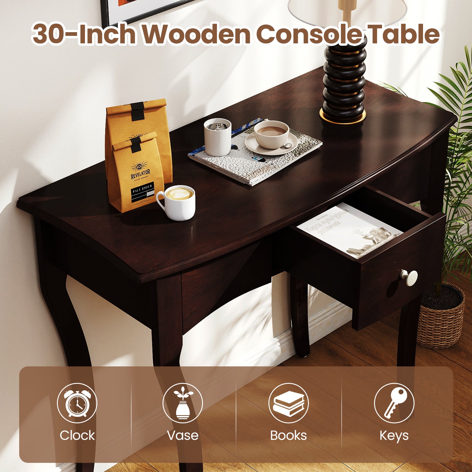 Console avec tiroir et cadre en bois massif – Espresso