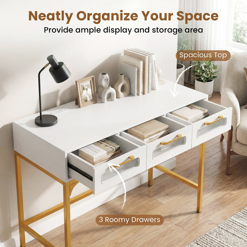 Console Table with LED Lighting and Charging Station for Living Room and Hallway-White