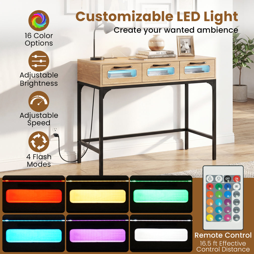 Console Table with LED Lighting and Charging Station for Living Room and Hallway-Natural