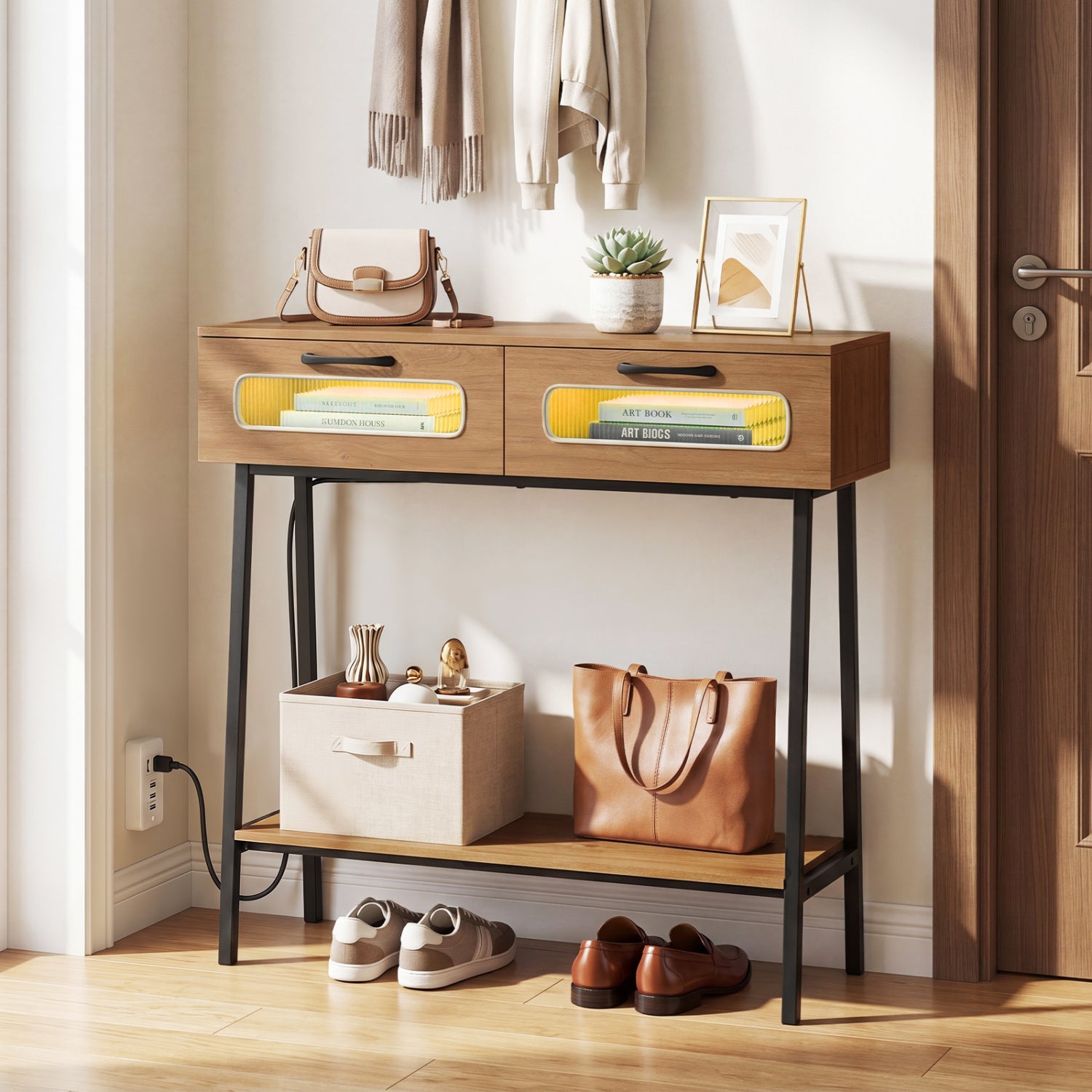 Console Table with LED Lights and Open Shelf for Hallway Entrance-Natural